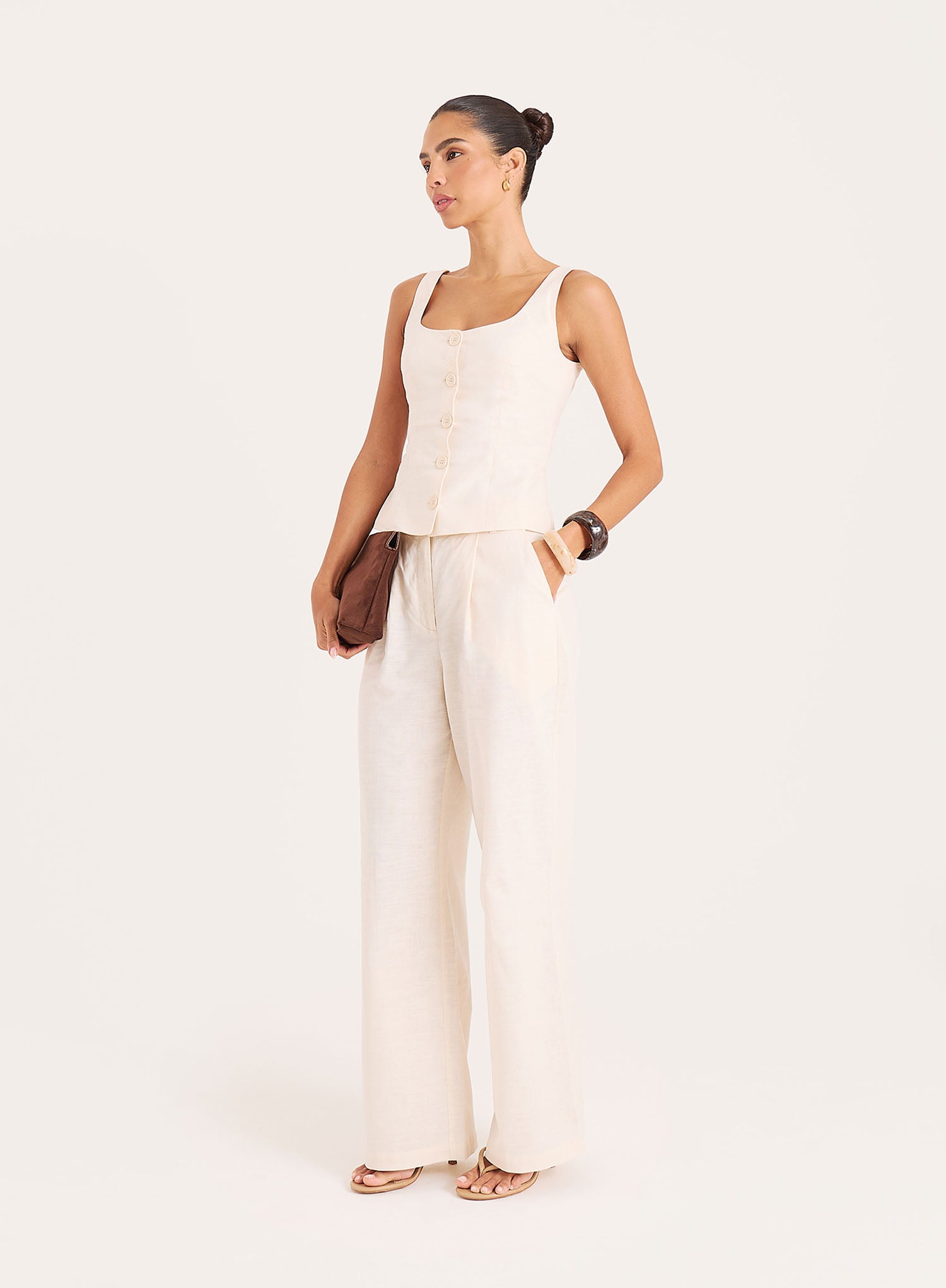 Cream Linen Blend Wide Leg Trousers
